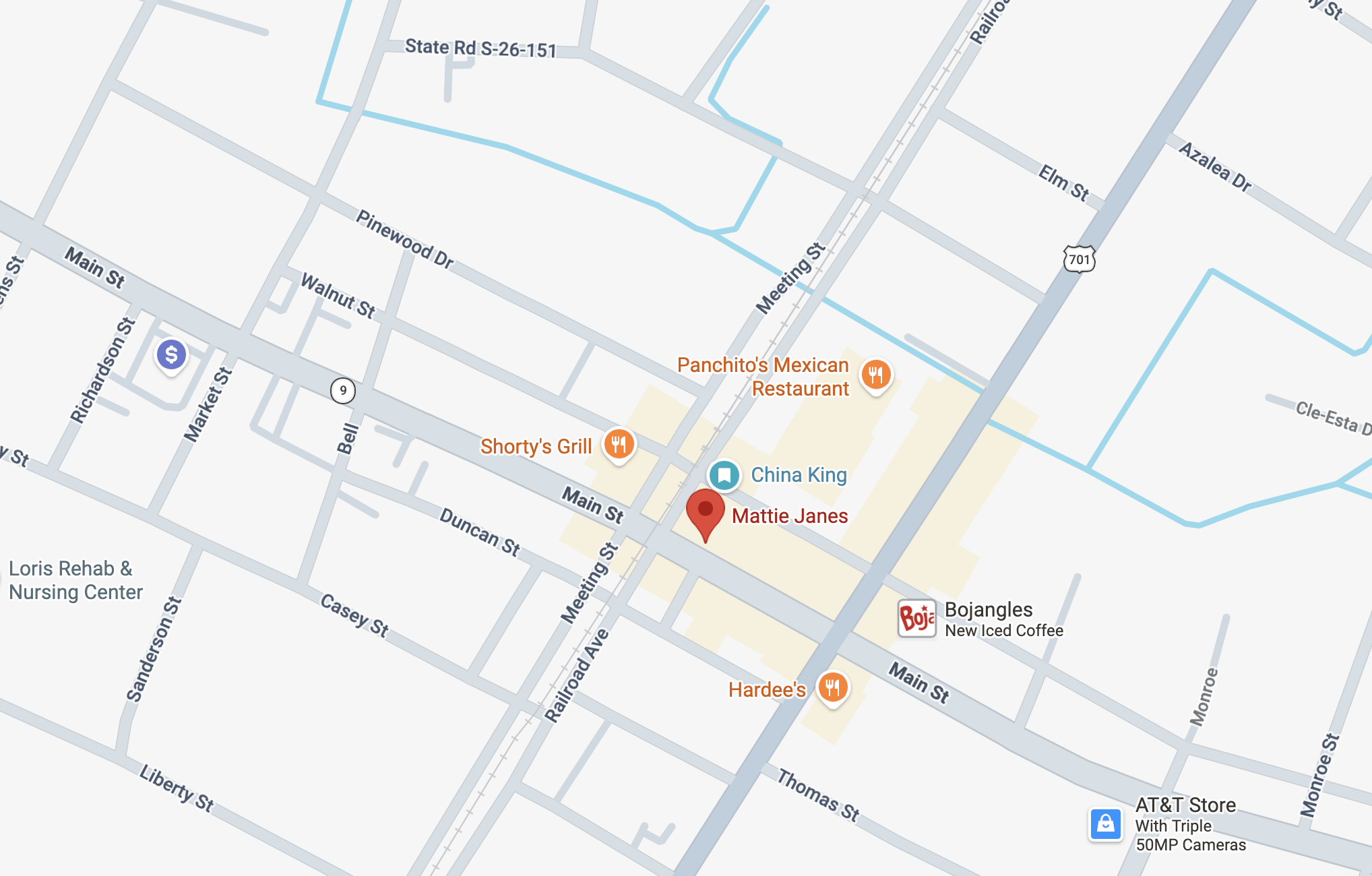 Map showing Mattie Jane's at 4109 Main St, Loris SC
